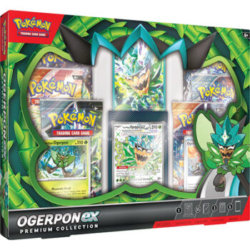 Pokémon premium collection box met Teal Mask Ogerpon, inclusief promo kaarten, booster packs, sleeves en een code voor Pokémon TCG Live, ideaal voor verzamelaars en spelers.