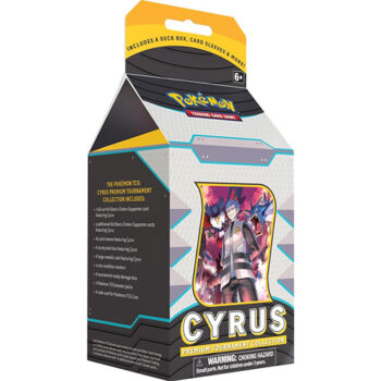 Pokémon Cyrus Premium Tournament Collection - Een premium set met een full-art Cyrus Supporter-kaart, extra foil-kaarten, kaarthoezen, een deckbox, metalen munt, markeringen, schadedobbelstenen, 7 boosterpakketten en een codekaart voor Pokémon TCG Live. Perfect voor toernooispelers!