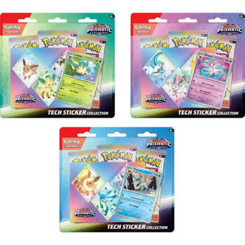 De Tech Sticker Collection - Pokémon Prismatic Evolutions omvat een foil promo card van Leafeon, Glaceon of Sylveon, een tech sticker sheet en drie booster packs van de Scarlet & Violet—Prismatic Evolutions uitbreiding. De verpakking benadrukt de schattige en krachtige aard van de Eevee evoluties met kleurrijke en levendige ontwerpen.