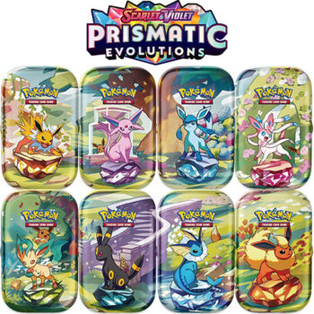 Pokémon Prismatic Evolutions Mini Tins met twee booster packs uit de Scarlet & Violet—Prismatic Evolutions set, een artkaart van een Eeveelution (Vaporeon, Jolteon, Flareon, Espeon, Umbreon, Leafeon, Glaceon of Sylveon) en een Eevee-munt. Prachtige, verzamelbare items in een stijlvolle mini tin, ideaal voor zowel verzamelaars als TCG-spelers.