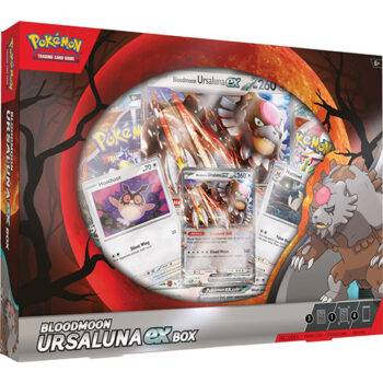 Pokémon Bloodmoon Ursaluna EX Box bevat een holografische Ursaluna EX promo-kaart, een oversized versie van dezelfde kaart, vier TCG-packs en een codekaart voor de online game. Het mystieke "Bloodmoon"-thema maakt het een opvallend verzamelobject voor zowel spelers als verzamelaars.