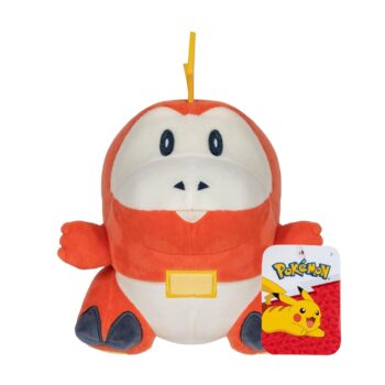 Pluche Pokémon Fuecoco knuffel van 20 cm, met een zachte rode vacht, witte buik, en vrolijke blik, zittend in een speelse houding, perfect voor knuffelen of als verzamelitem.