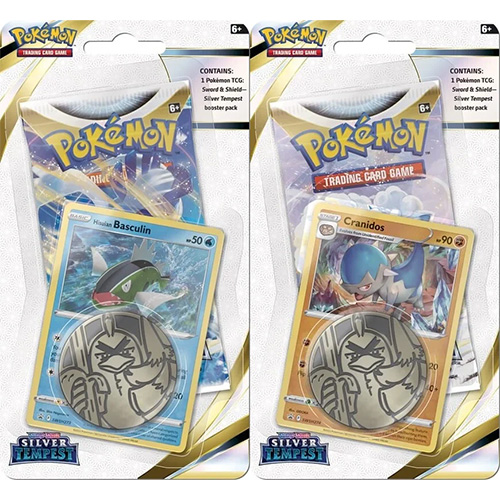 Een set van twee Pokémon TCG: Silver Tempest Checklane Blisters, elk met een exclusieve promokaart, een Silver Tempest boosterpack en een munt.