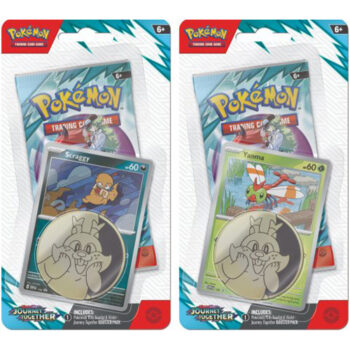 Twee varianten van de Pokémon Journey Together Checklane Set met unieke promokaarten, boosterpacks en een verzamelmunt.