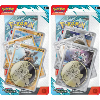 Twee varianten van de Pokémon Journey Together Premium Checklane Set met exclusieve promokaarten, boosterpacks en een verzamelmunt.