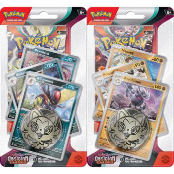 Twee verschillende Pokémon Obsidian Flames Premium Checklane Sets met exclusieve promokaarten, boosterpacks en een verzamelmunt.