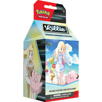 Pokémon Lillie Premium Tournament Collection met exclusieve Lillie-promokaarten, accessoires en boosterpacks.