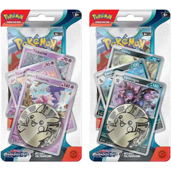 Pokémon Paradox Rift Premium Checklane Blister Set – set van 2 blisterverpakkingen met exclusieve promo kaarten en munten.