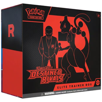 Pokémon Destined Rivals Elite Trainer Box SV10 met Team Rocket's Wobbuffet promokaart, booster packs en accessoires.