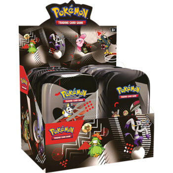 Pokémon Black Bolt & White Flare Mini Tin Display met 8 minitins, elk gevuld met booster packs, stickers en art cards.