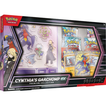 Afbeelding van Cynthia's Garchomp ex Premium Collection – Pokémon TCG verzamelbox met Garchomp ex promo kaarten, accessoires en booster packs.