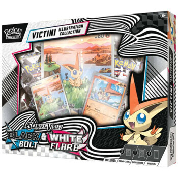 Speciale editie Pokémon kaartenset met Victini: Black Bolt & White Flare Illustration Collection, inclusief unieke promokaarten en booster packs.