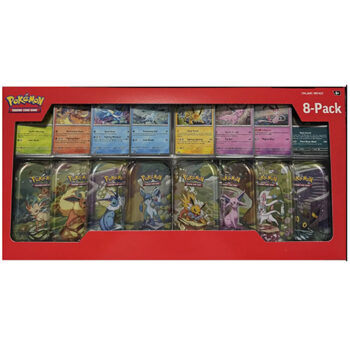 Pokémon Prismatic Evolutions Costco Box met 8 Mini Tins (elke tin met boosters, Eevee-munt en foil promo)