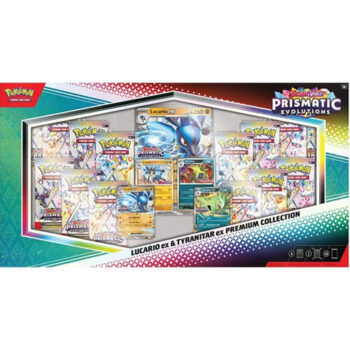 Pokémon Prismatic Evolutions Lucario ex & Tyranitar ex Premium Collection Box met krachtige promo’s en exclusieve accessoires.