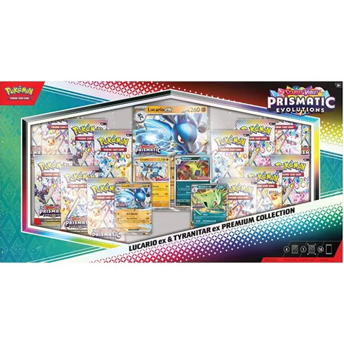 Pokémon Prismatic Evolutions Lucario ex & Tyranitar ex Premium Collection Box met krachtige promo’s en exclusieve accessoires.