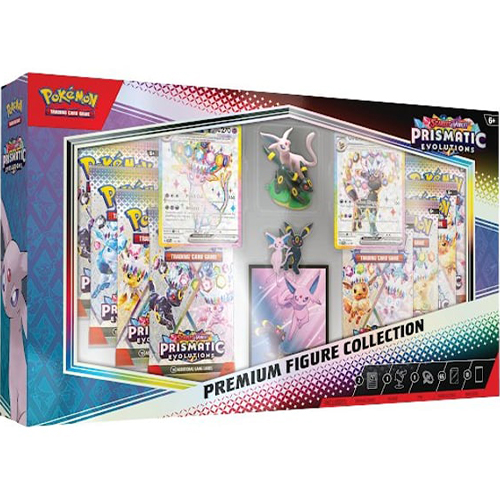 Pokémon Prismatic Evolution Premium Figure Collection Box met exclusieve kaarten, boosters en premium Pokémon-figuur.
