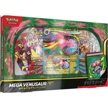 Pokémon Mega Venusaur EX Premium Collection met exclusieve Venusaur EX en Mega Venusaur EX promo kaarten, jumbo kaart, speelmat en zes booster packs.