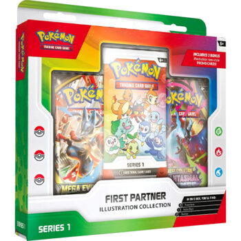 Pokémon TCG First Partner Illustration Collection Series 1 box met booster packs, illustratie promo kaarten en een Pokémon sticker sheet.