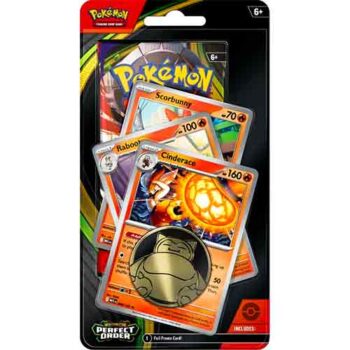 Pokémon Perfect Order Premium Checklane Blister Cinderace met promo kaarten, metallic coin en Pokémon TCG booster pack
